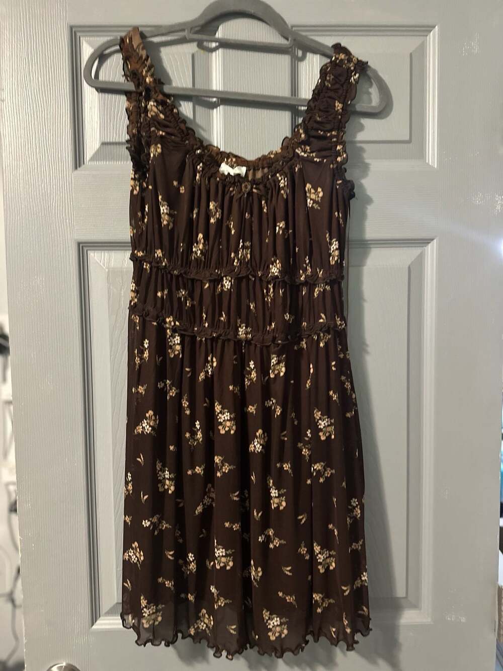 Kirious Los Angeles Brown Floral Mesh Ruffle Trim Mini Dress